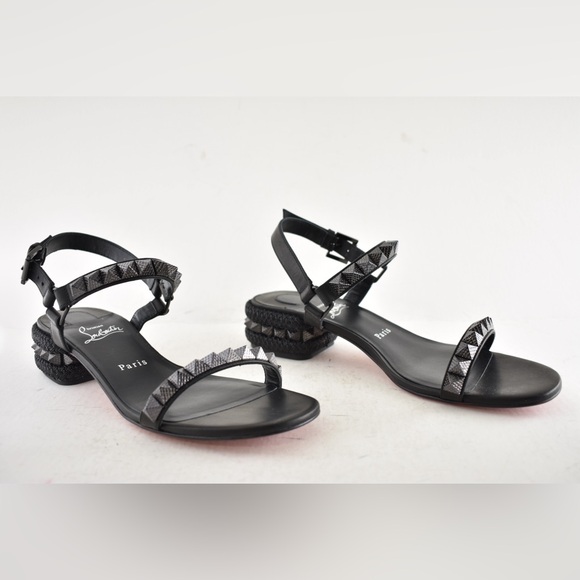 Christian Louboutin Pyrasand 30 Black Leather Block Heel Ankle Strap Sandal 35.5 - Picture 4 of 16